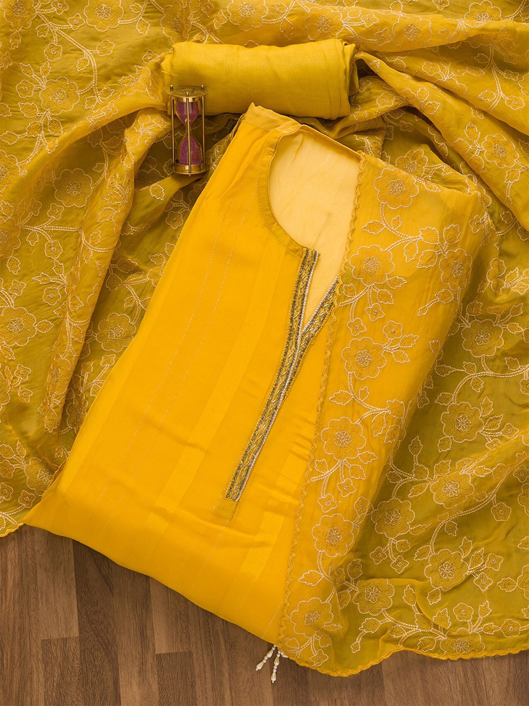 

Koskii Embroidered Beads And Stones Unstitched Dress Material, Yellow