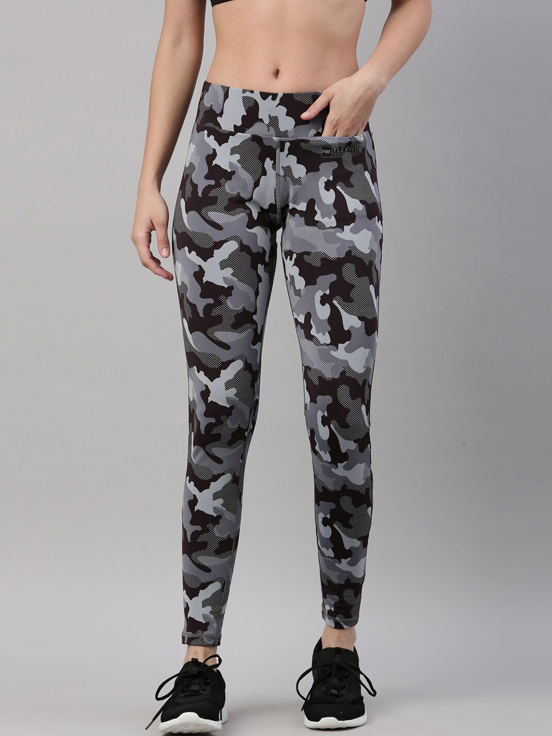 

GOLDSTROMS Women Camouflage Printed Dry Fit Training or Gym Tights, Grey