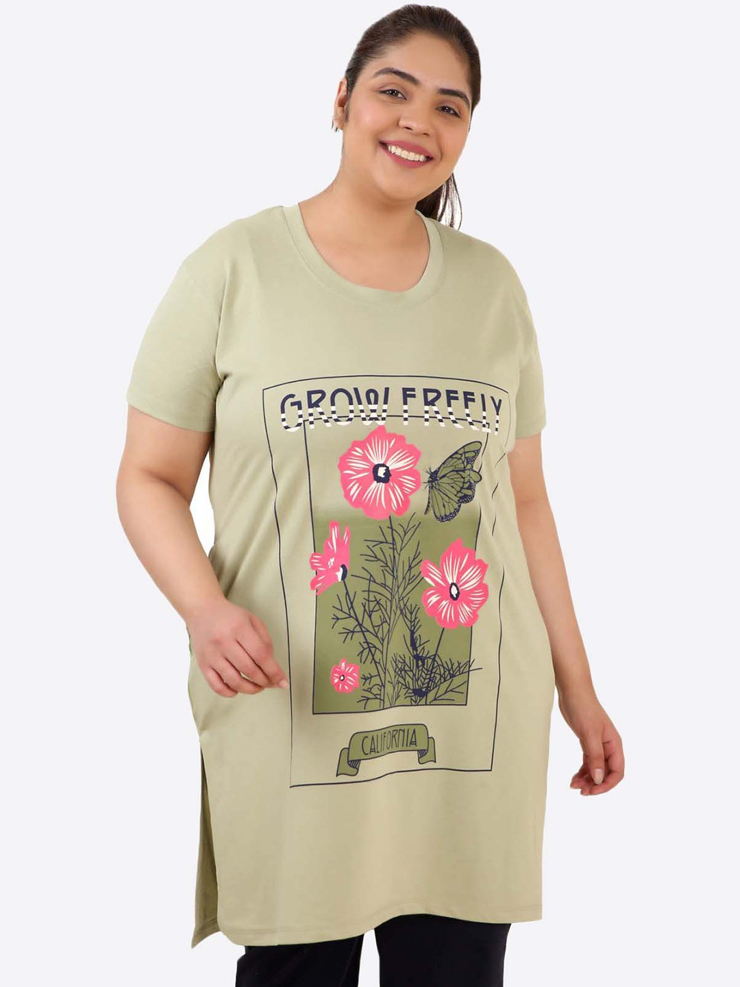 

IN Love Plus Size Printed Cotton Longline Lounge T-Shirt, Green
