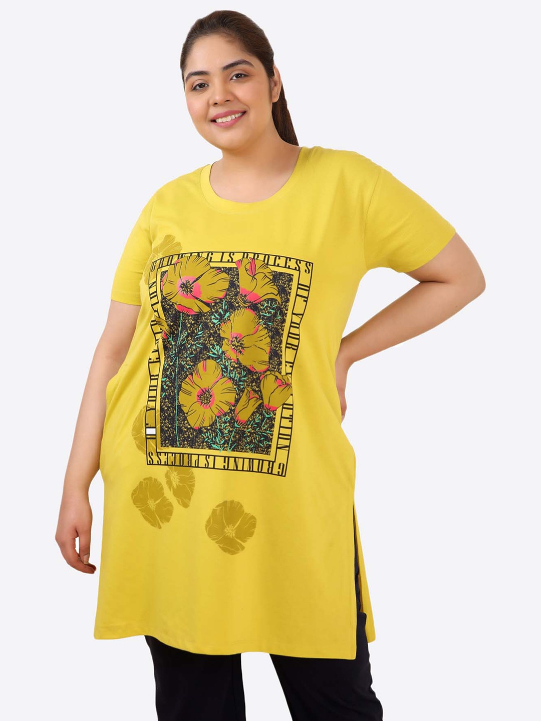 

IN Love Plus Size Printed Cotton Longline Lounge T-Shirt, Yellow