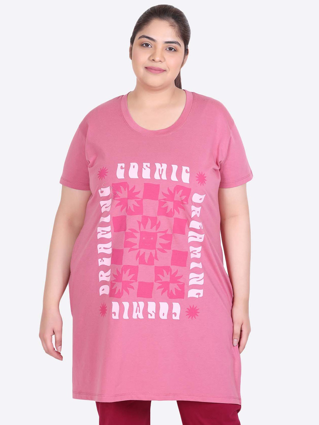 

IN Love Plus Size Printed Cotton Longline Lounge T-Shirt, Pink