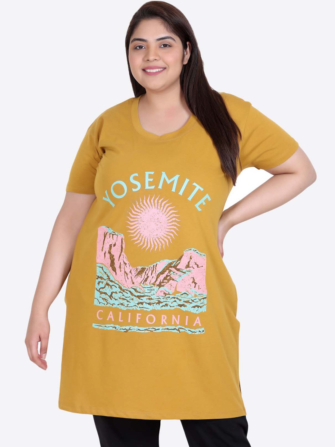 

IN Love Plus Size Printed Cotton Longline Lounge T-Shirt, Mustard