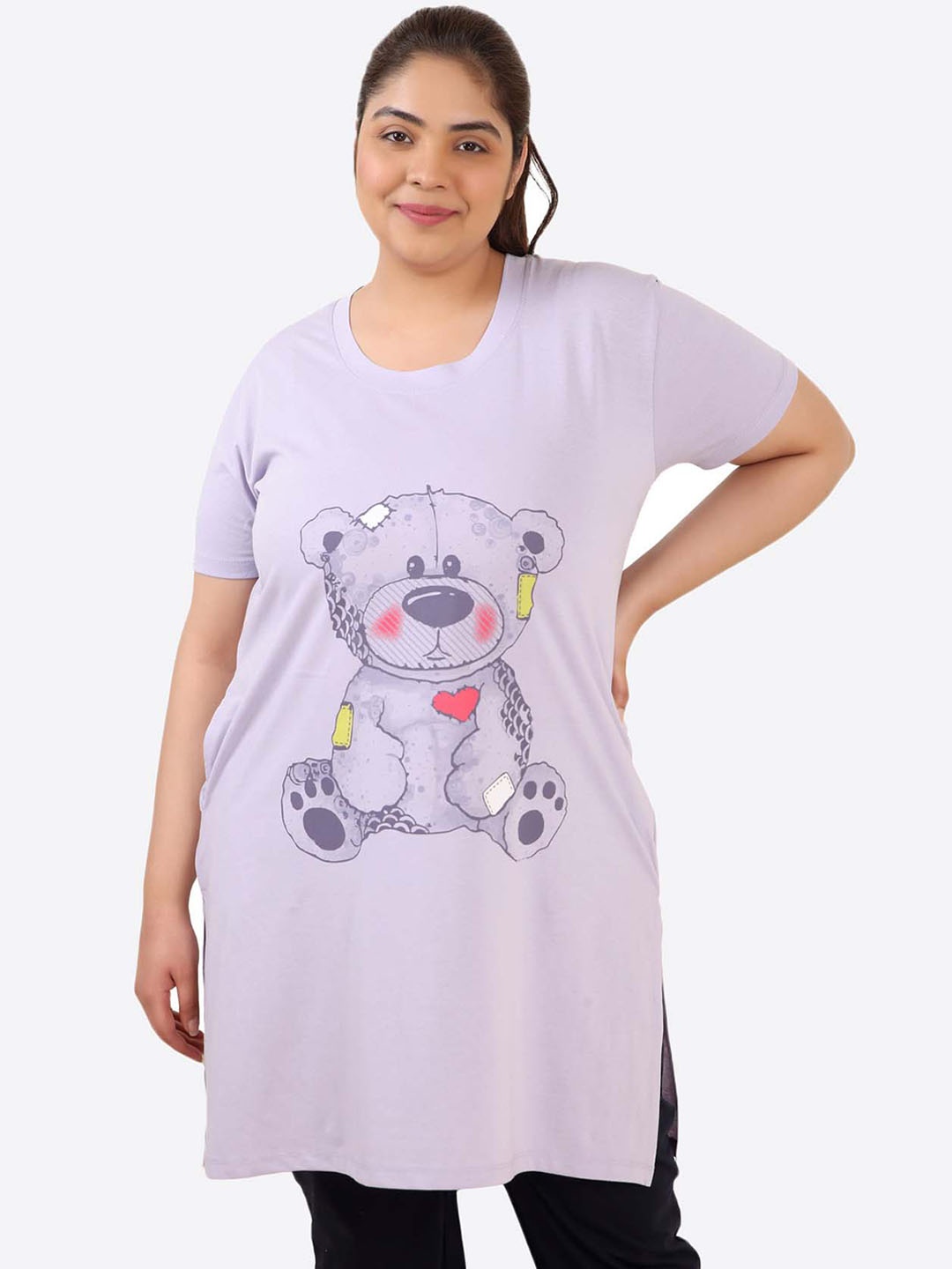 

IN Love Plus Size Printed Cotton Longline Lounge T-Shirt, Purple