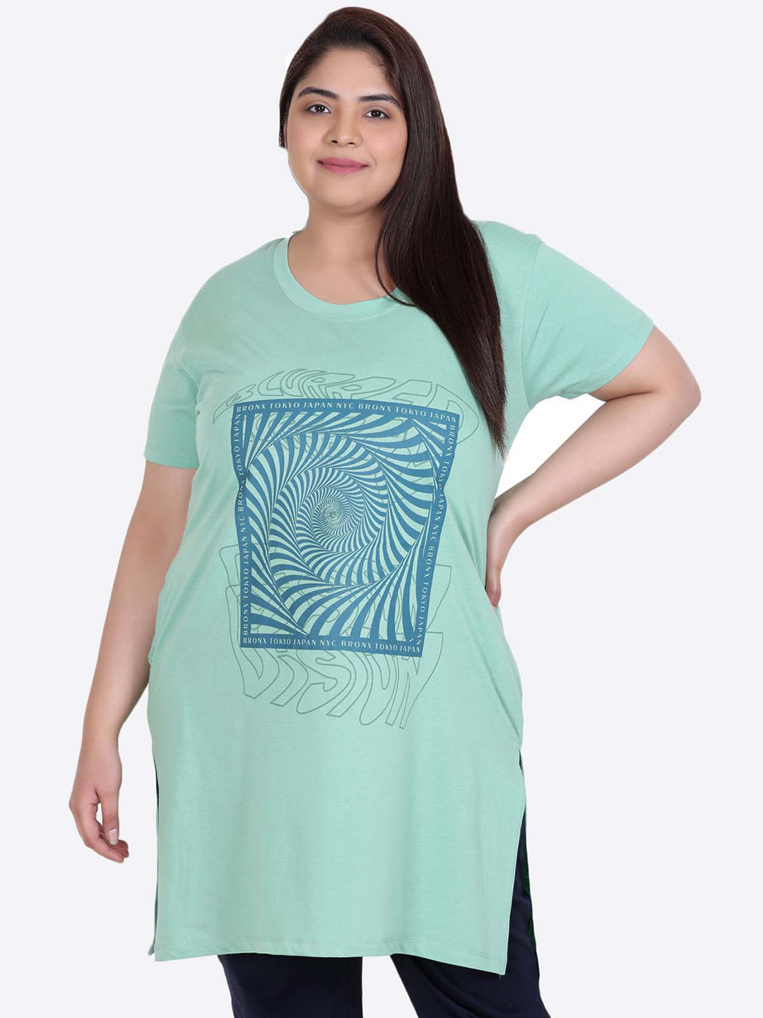 

IN Love Plus Size Printed Cotton Longline Lounge T-Shirt, Green