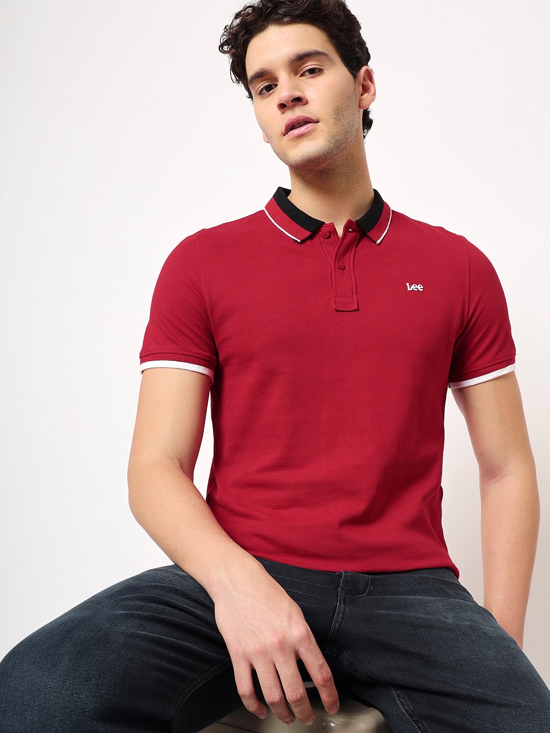

Lee Men Polo Collar Slim Fit Cotton Knitted T-shirt, Red