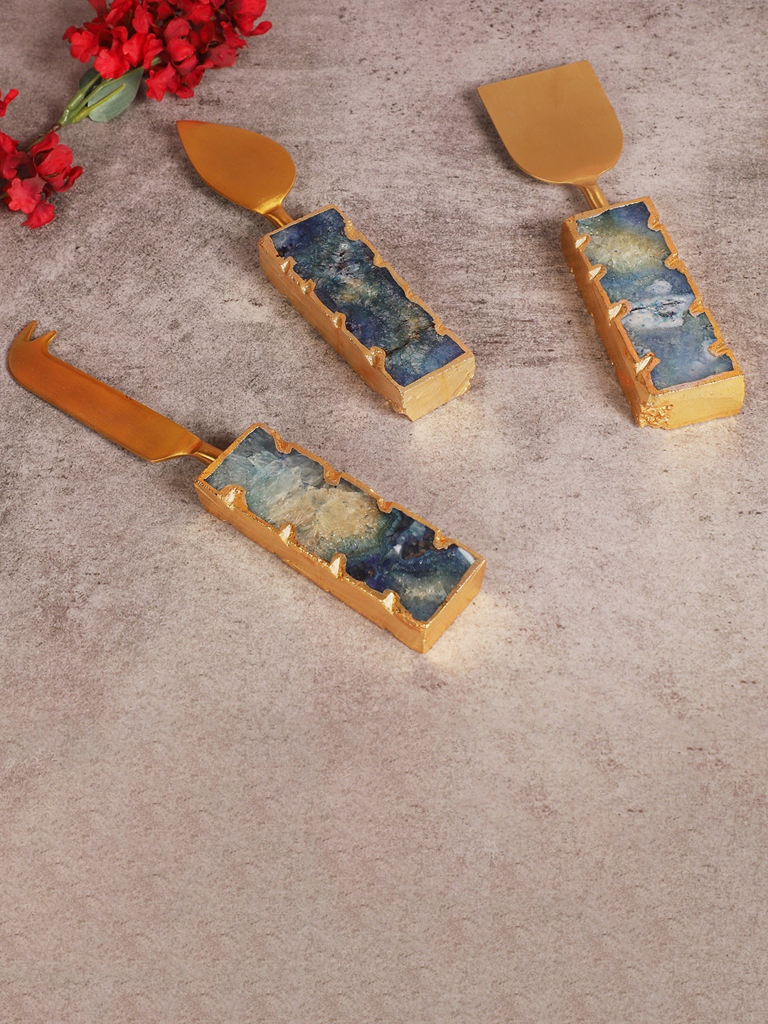 

HOMEARTE Agate Blue & Gold Toned Steel Cheese Cutlery Set