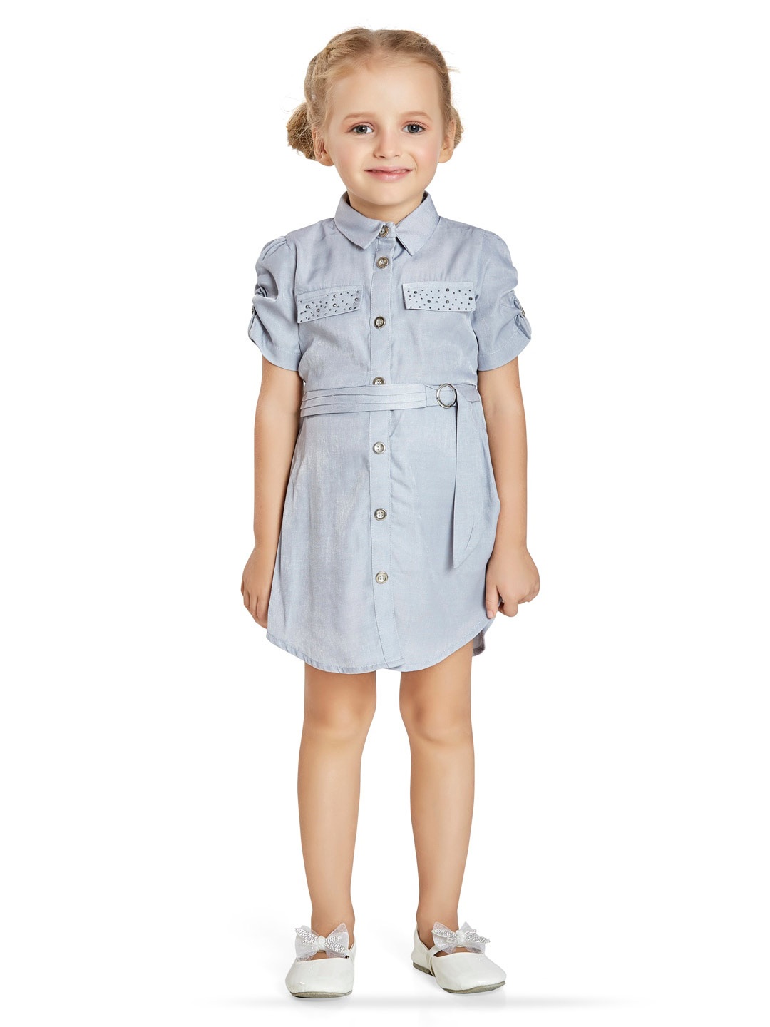 

Peppermint Roll-Up Sleeves Shirt Style Dress, Grey