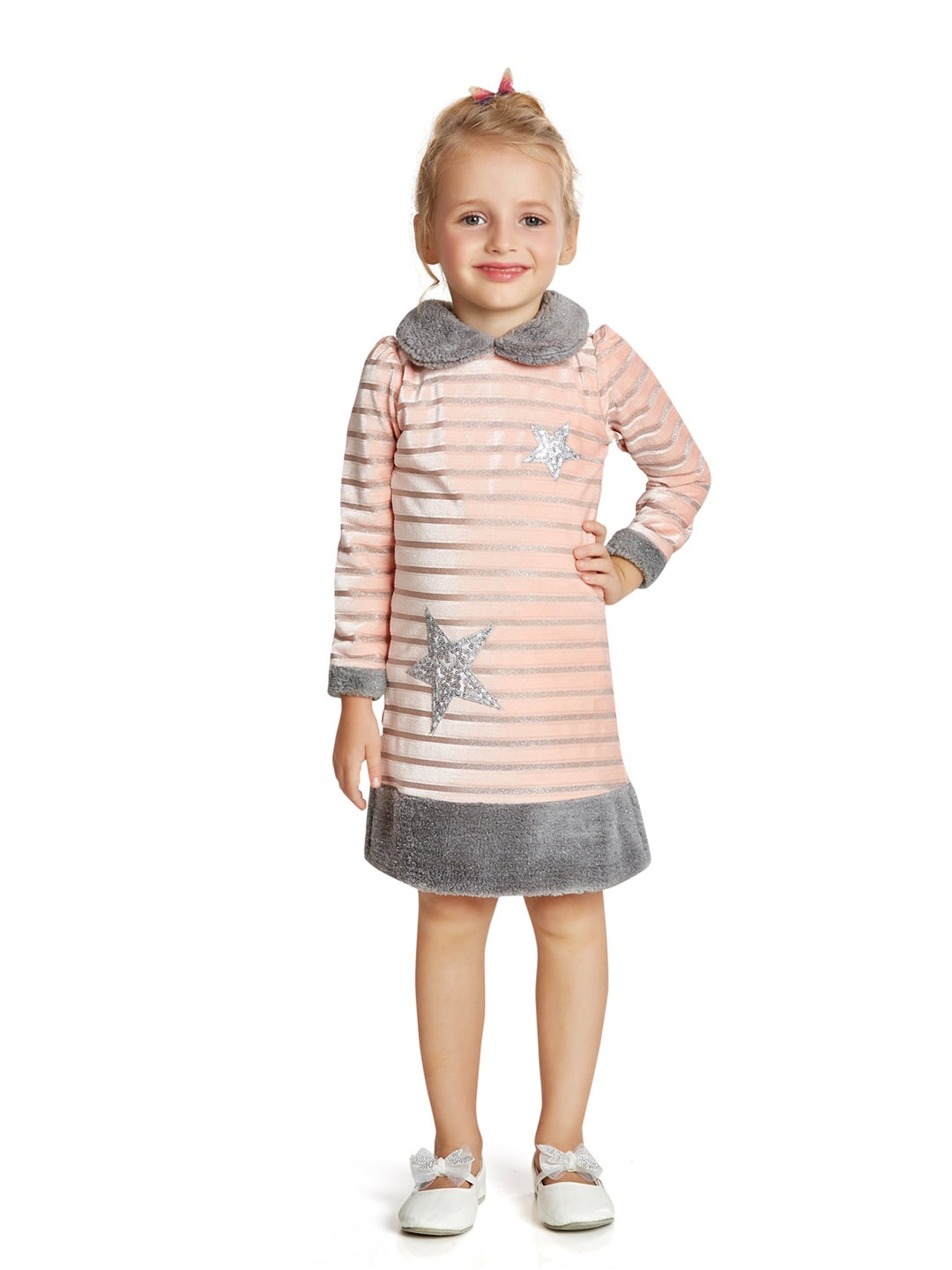 

Peppermint Girls Striped Sequin Embellished Peter Pan Collar A-Line Dress, Peach