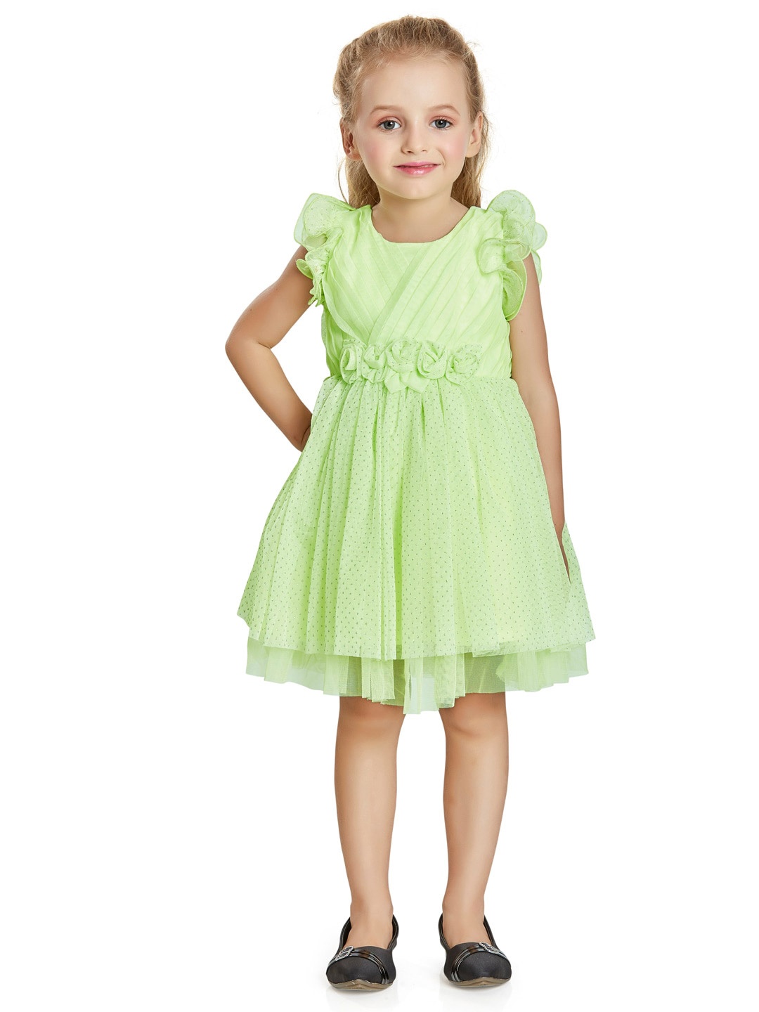 

Peppermint Girls Embellished Flutter Sleeve Gathered Fit & Flare Dress, Green