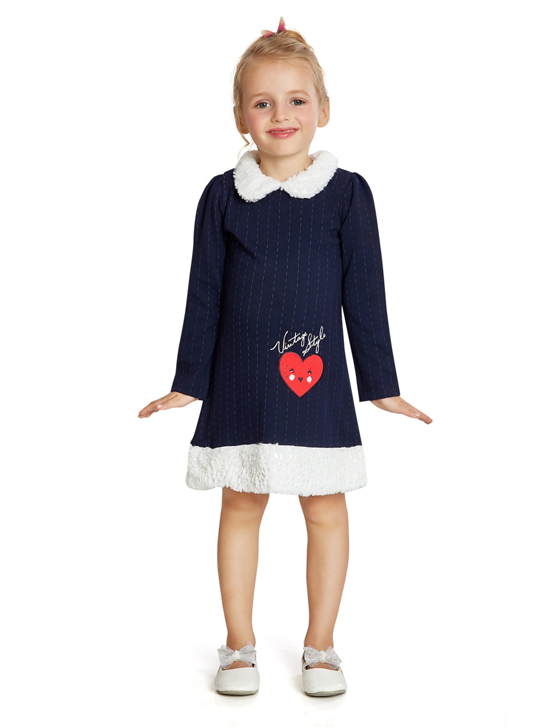 

Peppermint Girls Striped Peter Pan Collar A-Line Dress, Navy blue