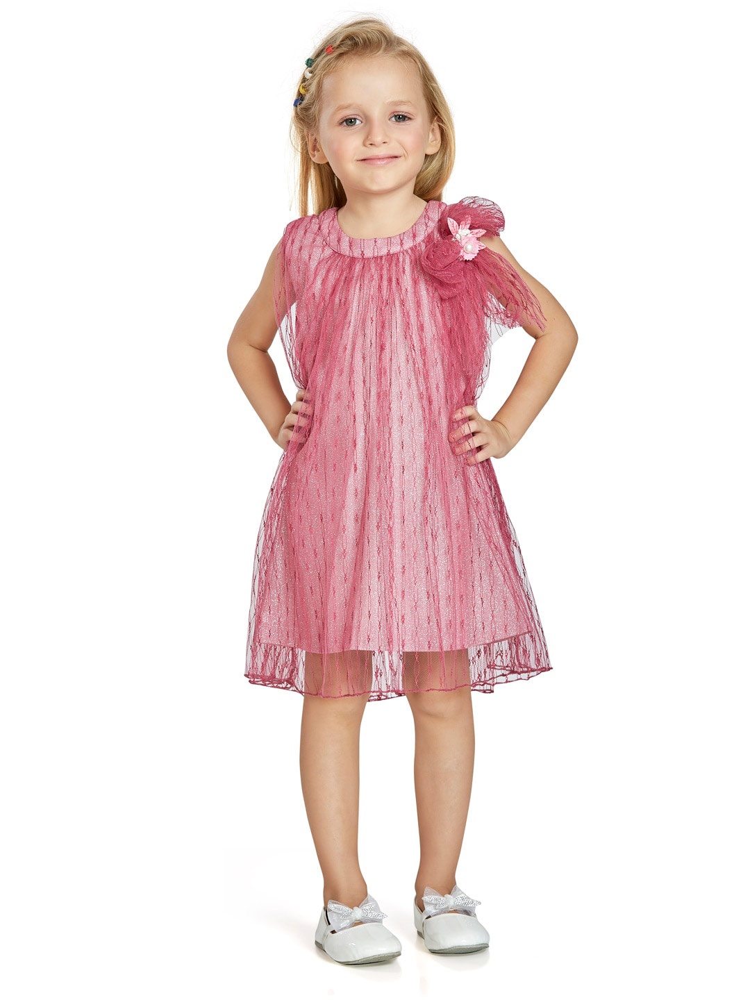 

Peppermint Girls Self Design Flared A-Line Dress, Pink