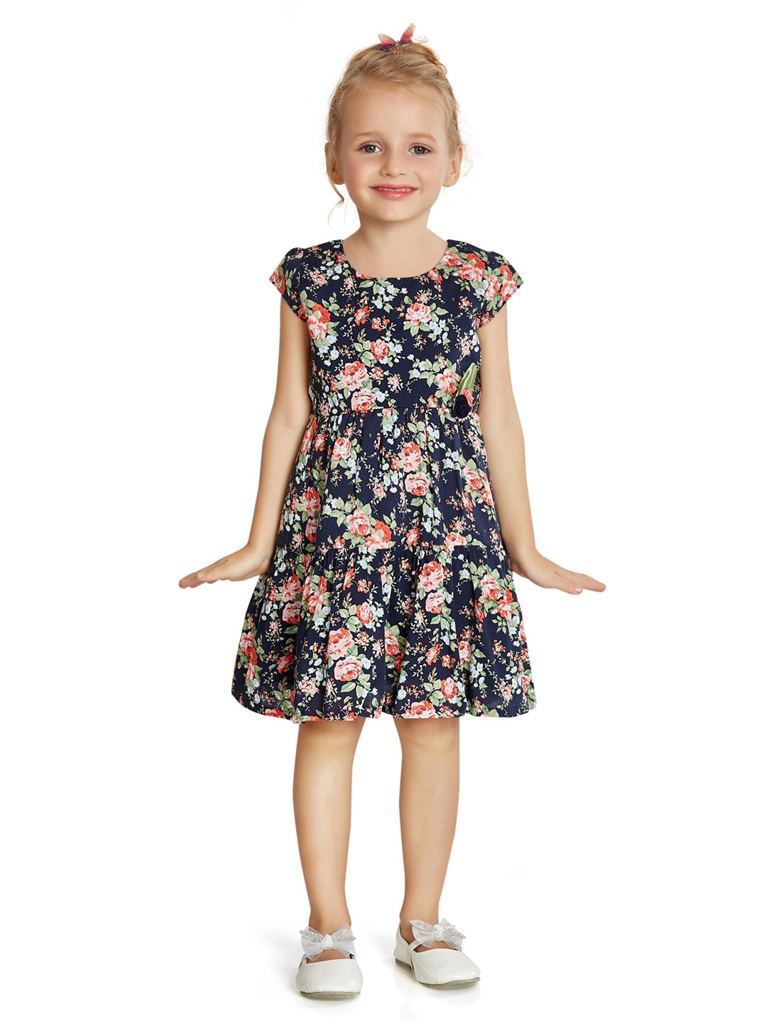 

Peppermint Girls Floral Printed Cotton Fit & Flare Dress, Navy blue