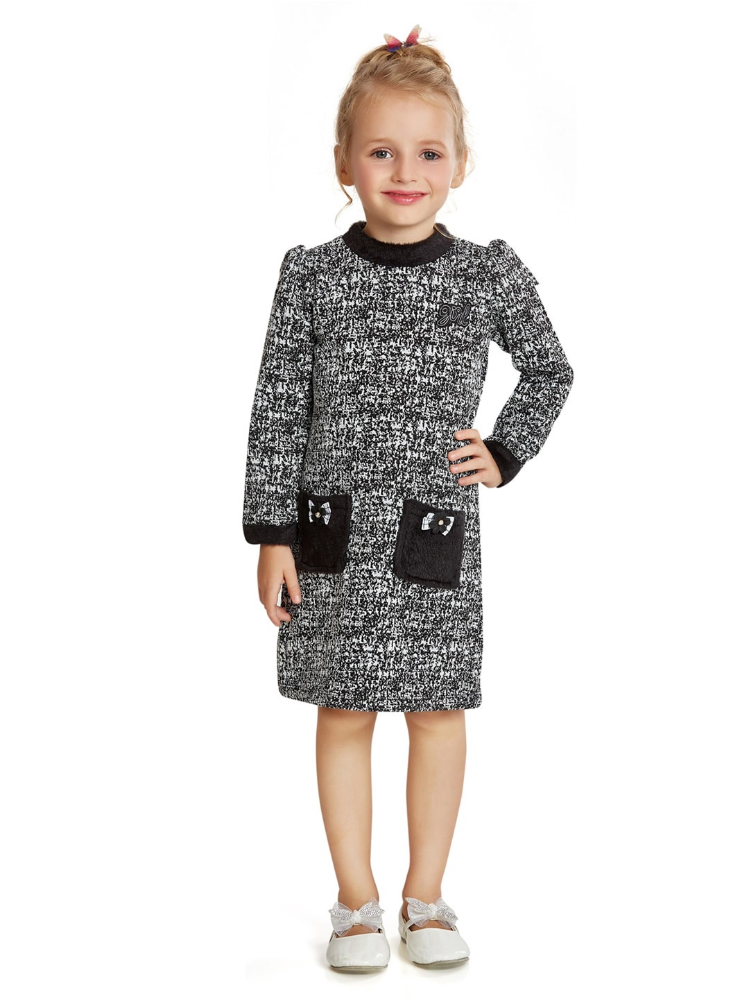 

Peppermint Abstract Print Puff Sleeves A-Line Dress, Black