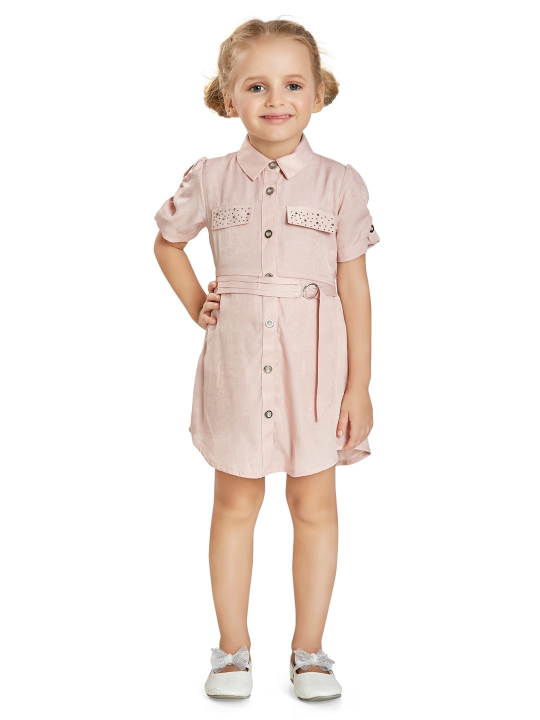 

Peppermint Girls Roll-Up Sleeves Shirt Style Dress, Peach