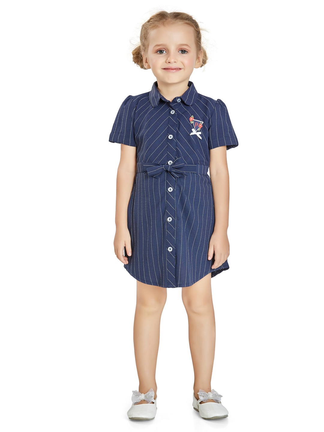 

Peppermint Girls Striped Satin Shirt Style Dress, Navy blue