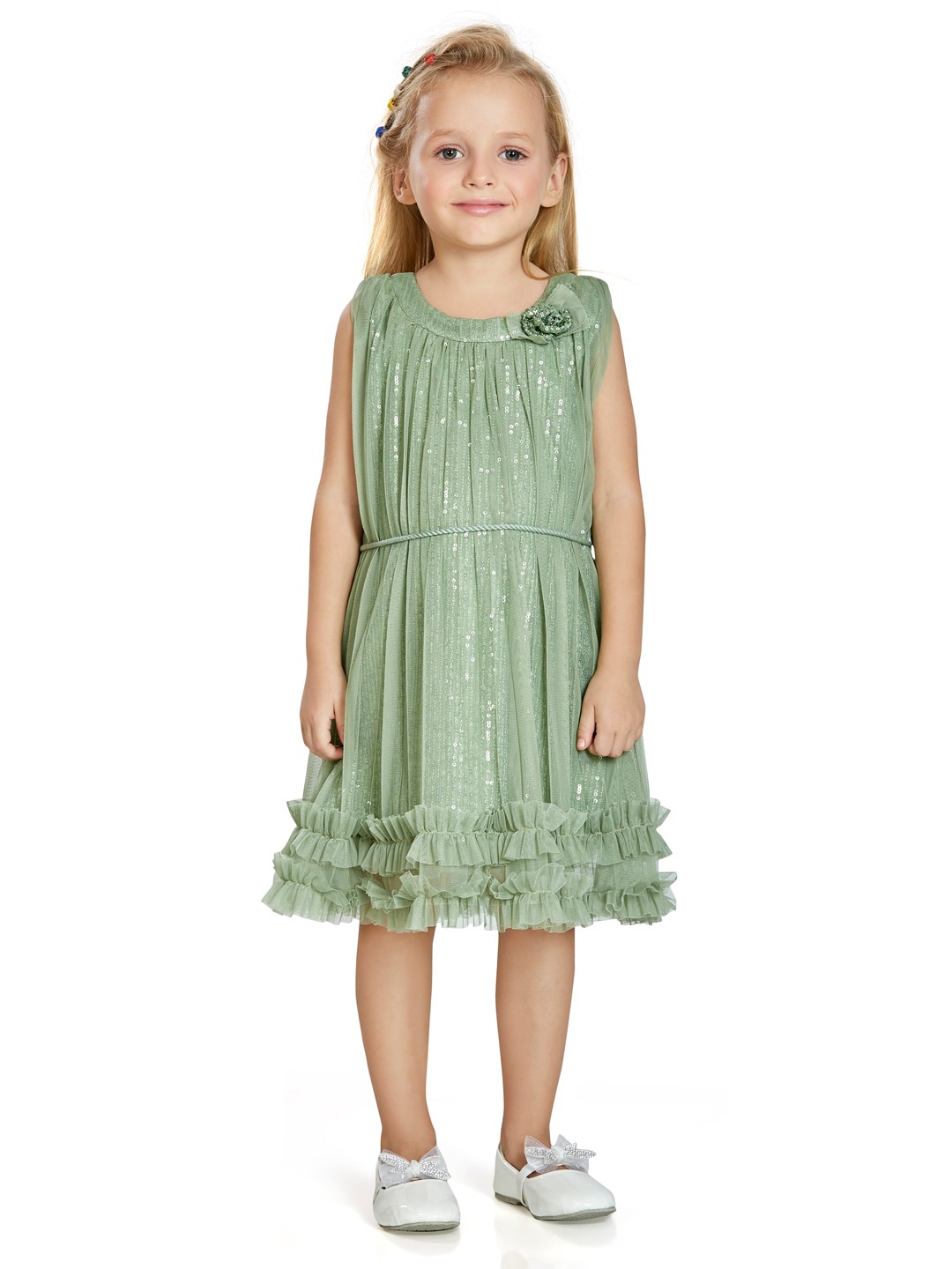 

Peppermint Girls Belted Sequined Embellished A-Line Dress, Green