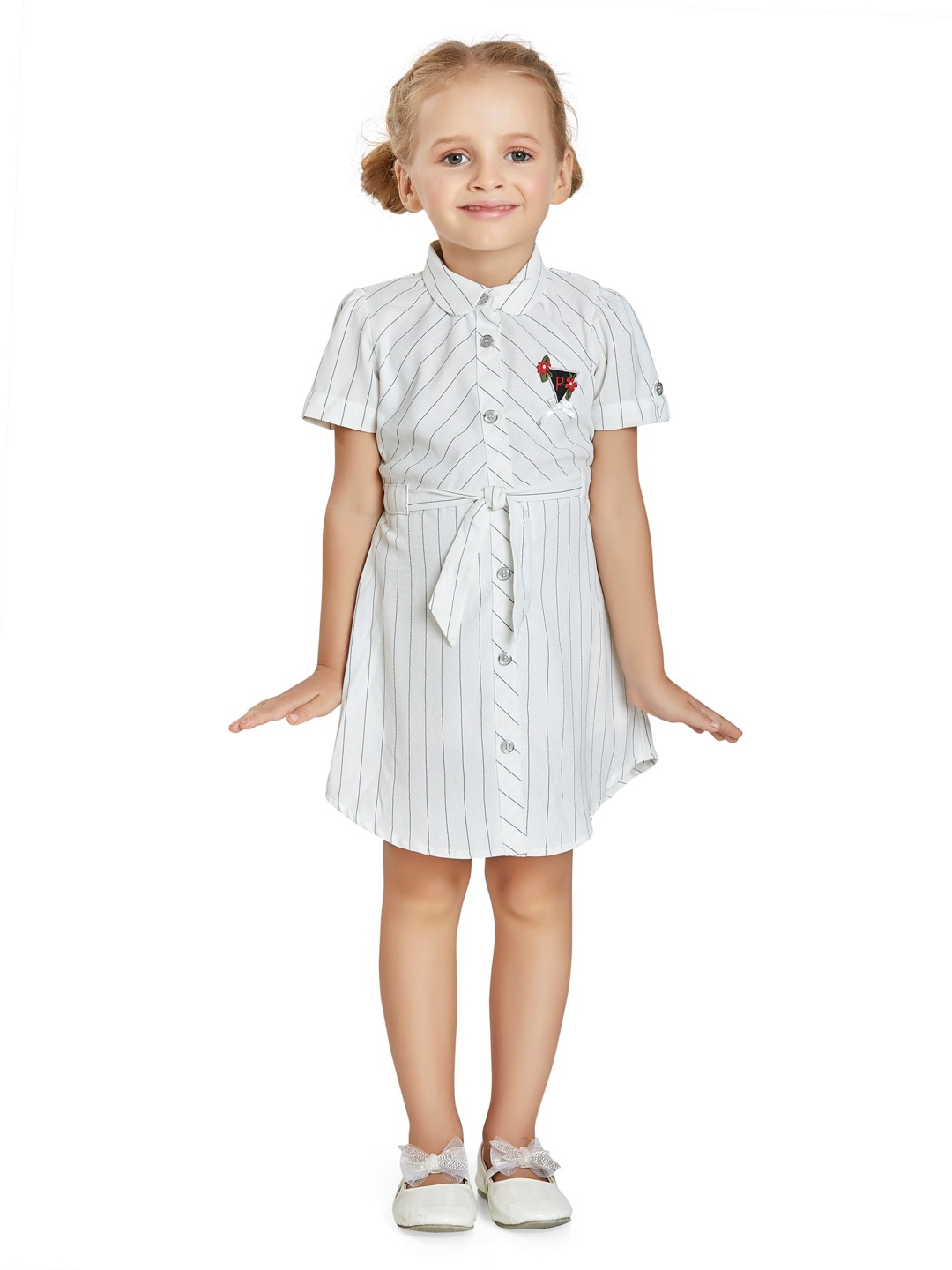 

Peppermint Girls Striped Applique Detail Shirt Style Dress, White