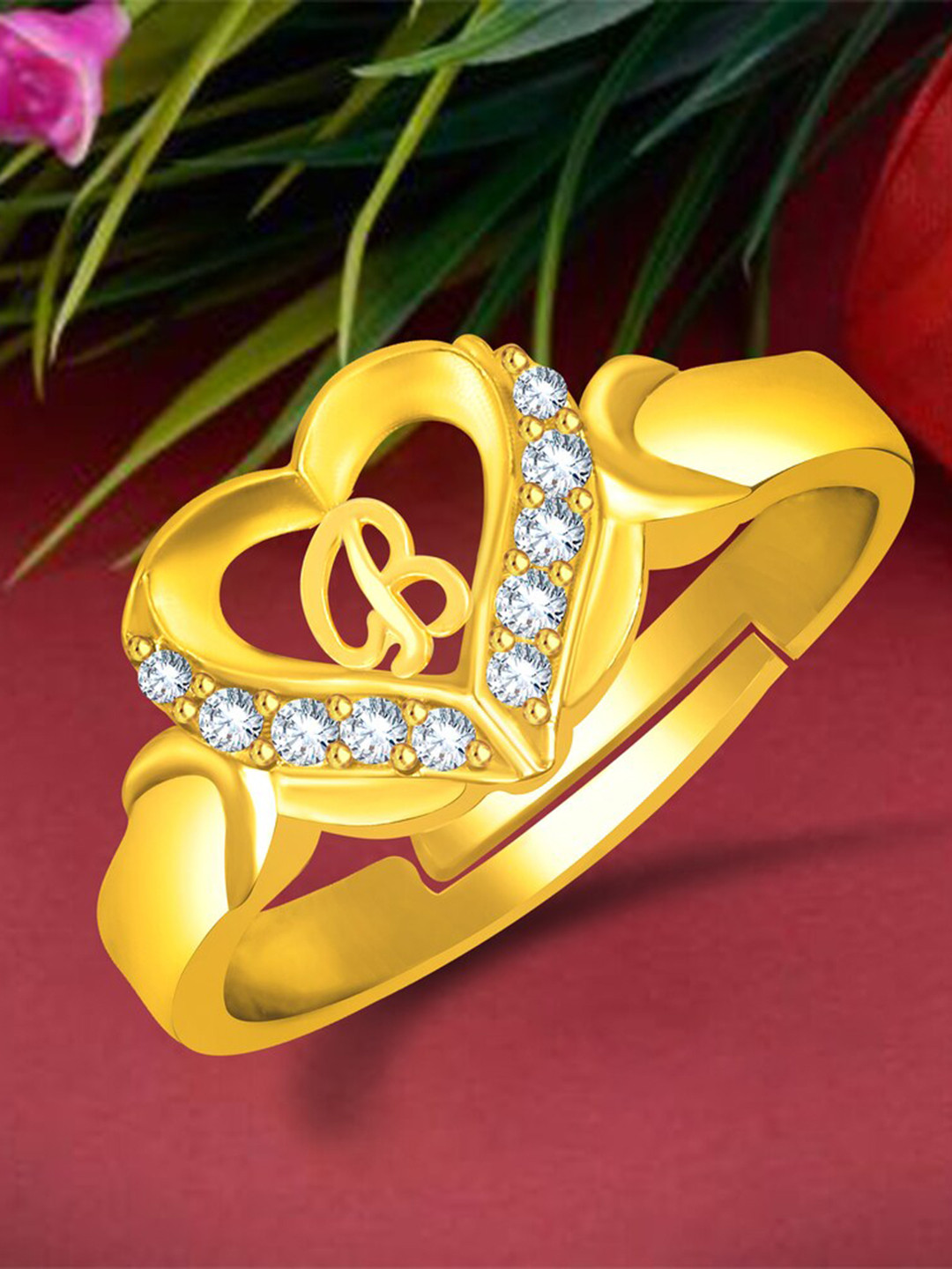 

MEENAZ Gold-Plated CZ Studded Adjustable Finger Ring