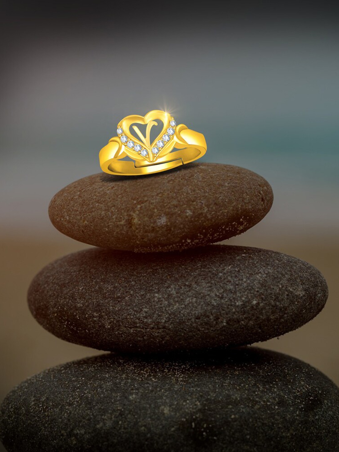 

MEENAZ Gold-Plated CZ Studded Adjustable Finger Ring