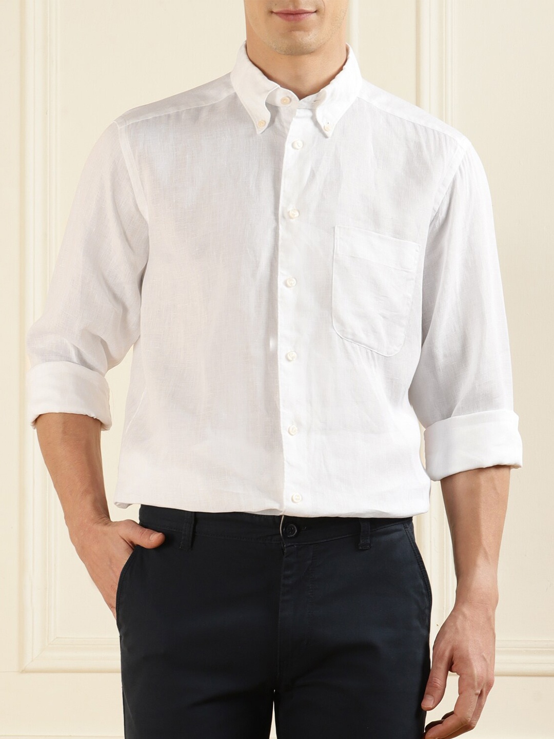 

Eton Button Collar Slim Fit Opaque Formal Linen Shirt, White