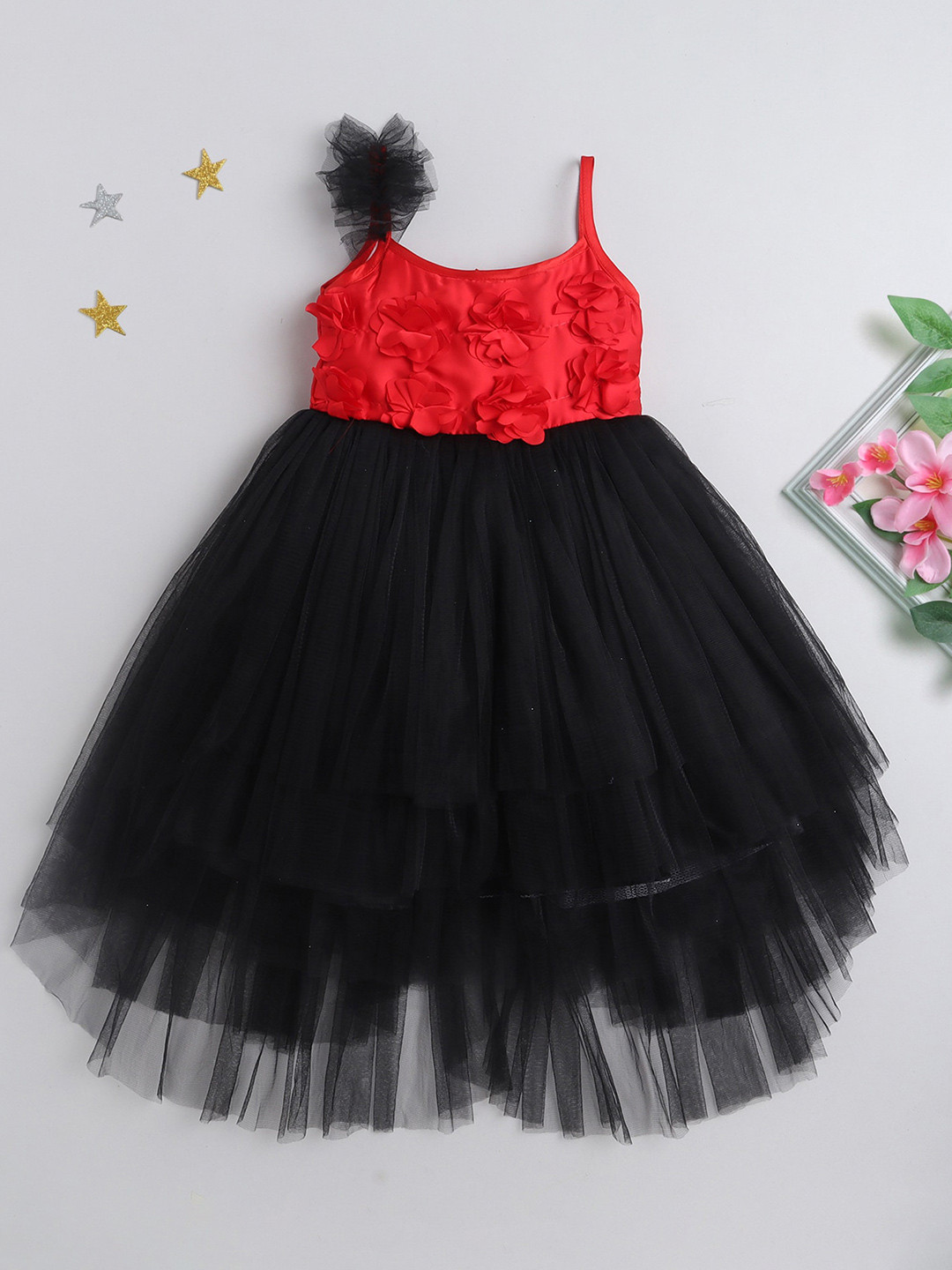 

MANY FROCKS & Girls Shoulder Straps Net Fit & Flare Dress, Black