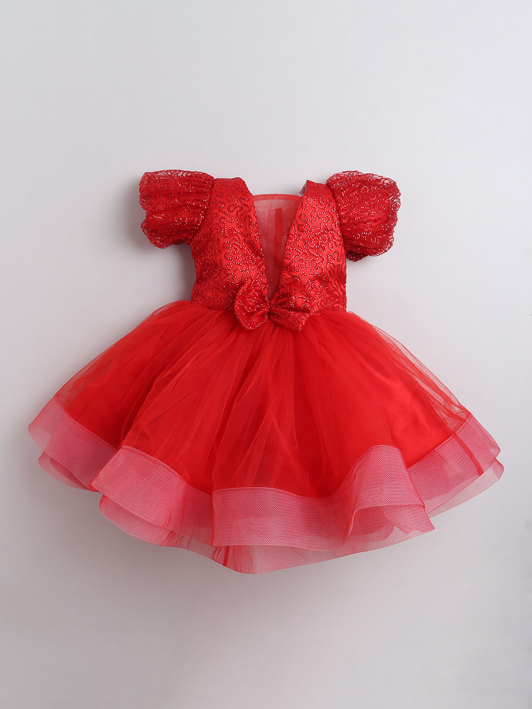 

MANY FROCKS & Girls Puffed Sleeves Sequinned Net Fit & Flare Dress, Red