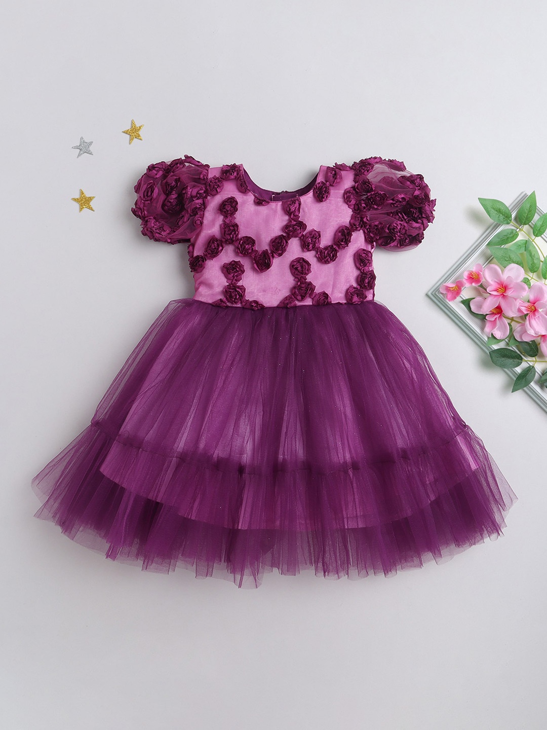 

MANY FROCKS & Girls Puffed Sleeves Net Fit & Flare Dress, Magenta