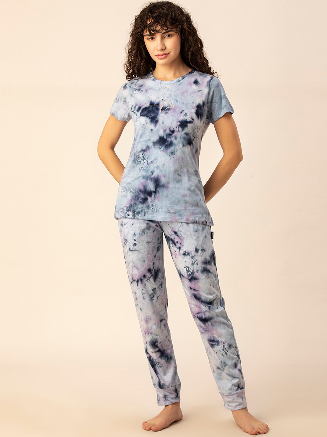 

TITTLI Tie & Dyed Pure Cotton T-Shirt & Pyjama Night suit, Off white