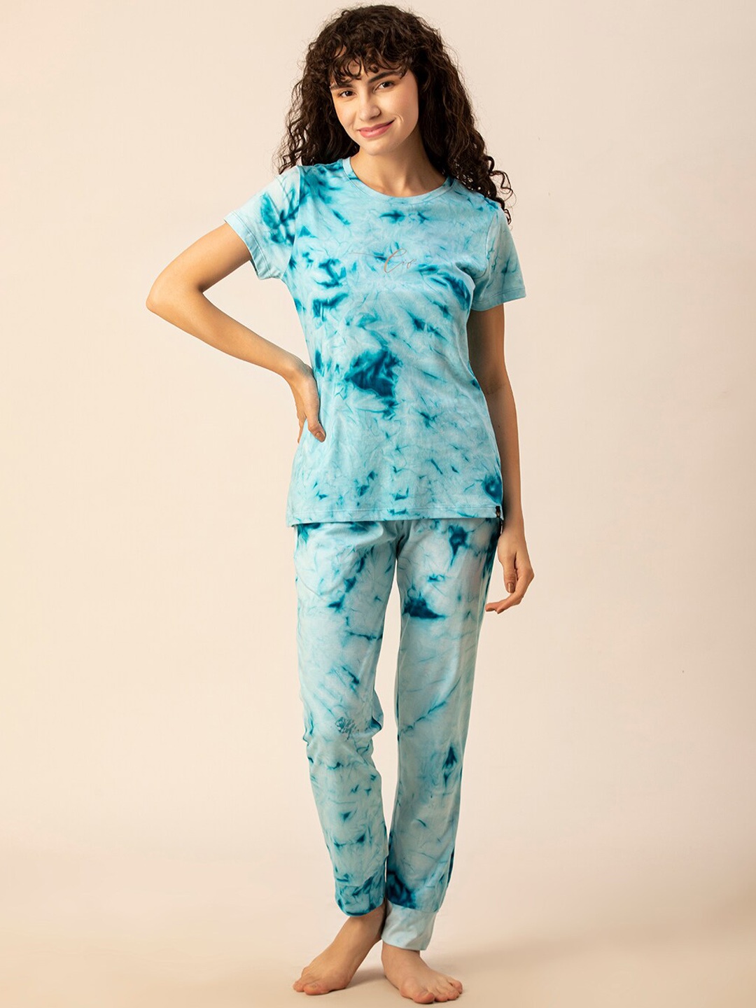 

TITTLI Tie & Dyed Pure Cotton T-Shirt & Pyjama Night suit, Blue