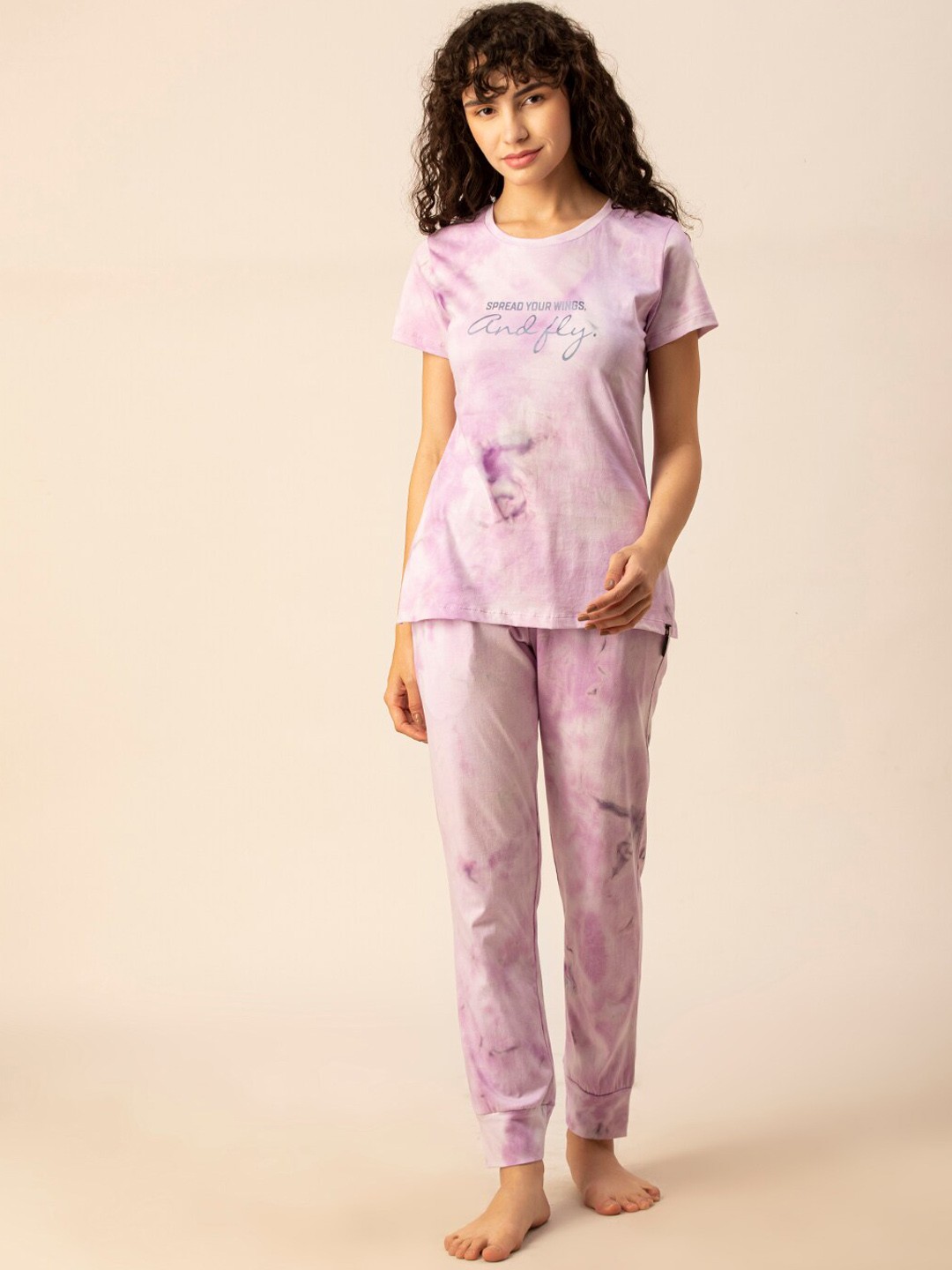 

TITTLI Women Tie & Dyed Typography Printed Pure Cotton Night suit, Purple