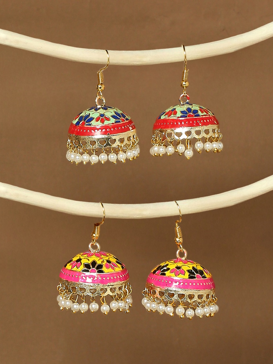 

OOMPH Set of 2 Meenakari Enamel Dome Shaped Jhumkas, Gold