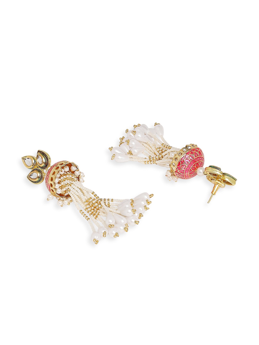 

OOMPH Kundan Studded & Pearls Beaded Dome Shaped Jhumkas, Pink