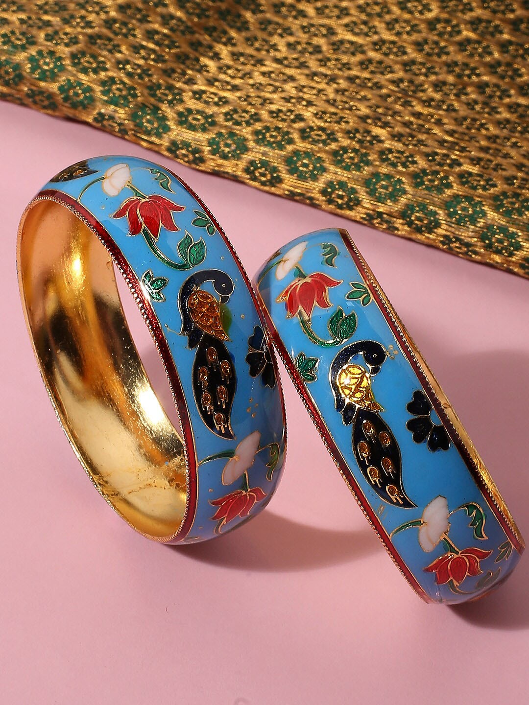 

OOMPH Set Of 2 Lotus & Peacock Meenakari Bangles, Turquoise blue