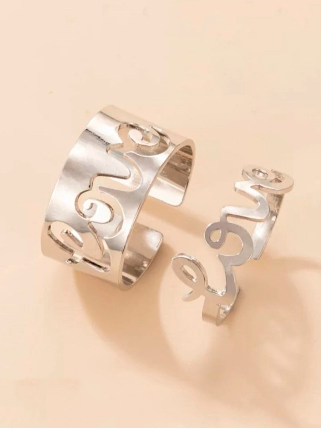 

OOMPH Set Of 2 Love Alphabets Adjustable Finger Rings, Silver
