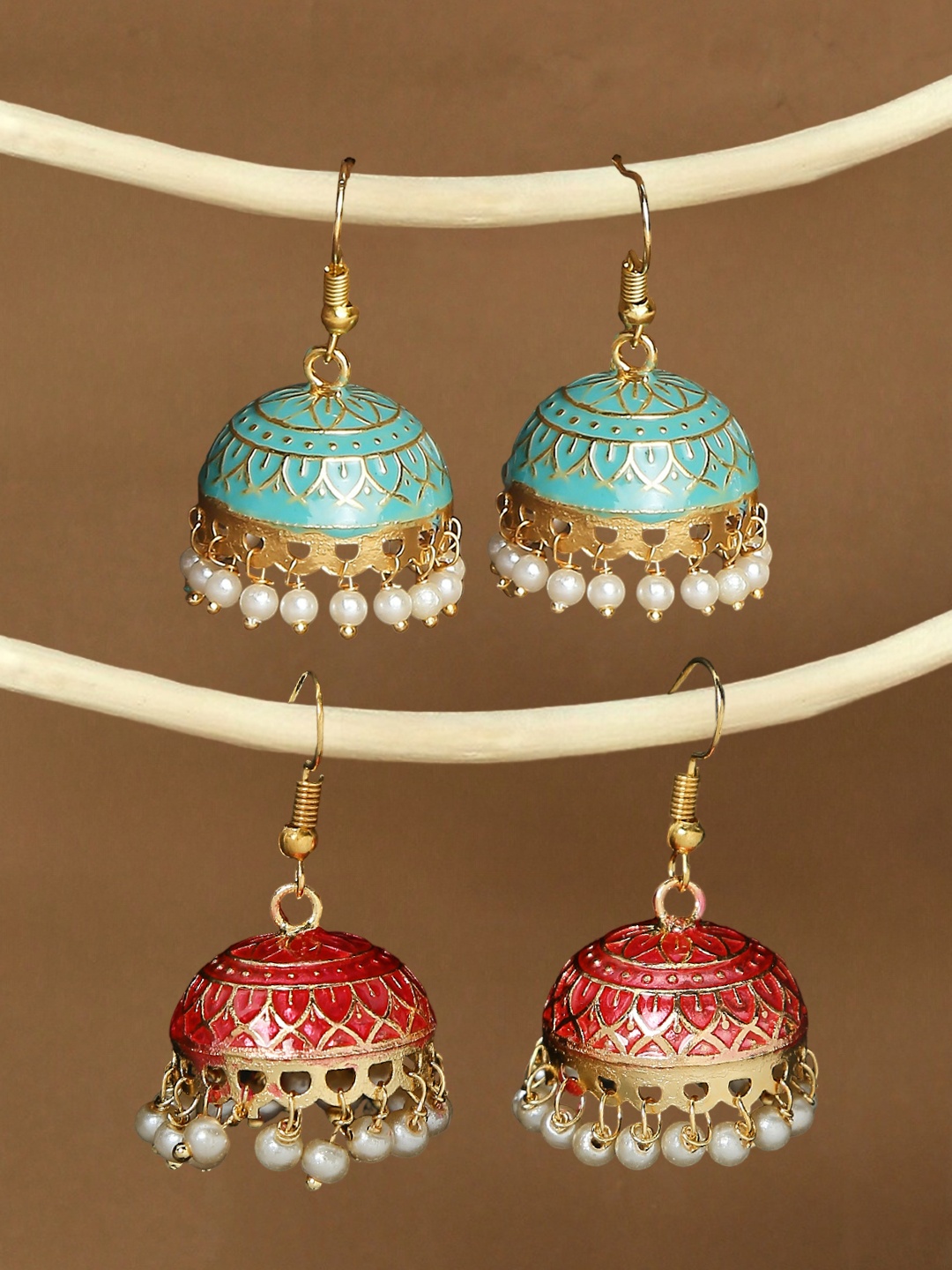 

OOMPH Set of 2 Meenakari Enamel Dome Shaped Jhumkas, Gold