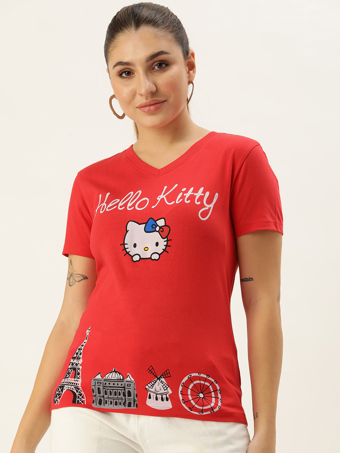 

Hello Kitty Women Graphic Printed V-Neck T-shirt, Red