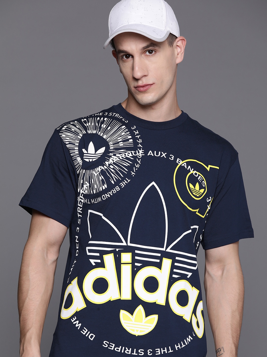 

ADIDAS Originals Men Multi Logo Pure Cotton T-shirt, Navy blue