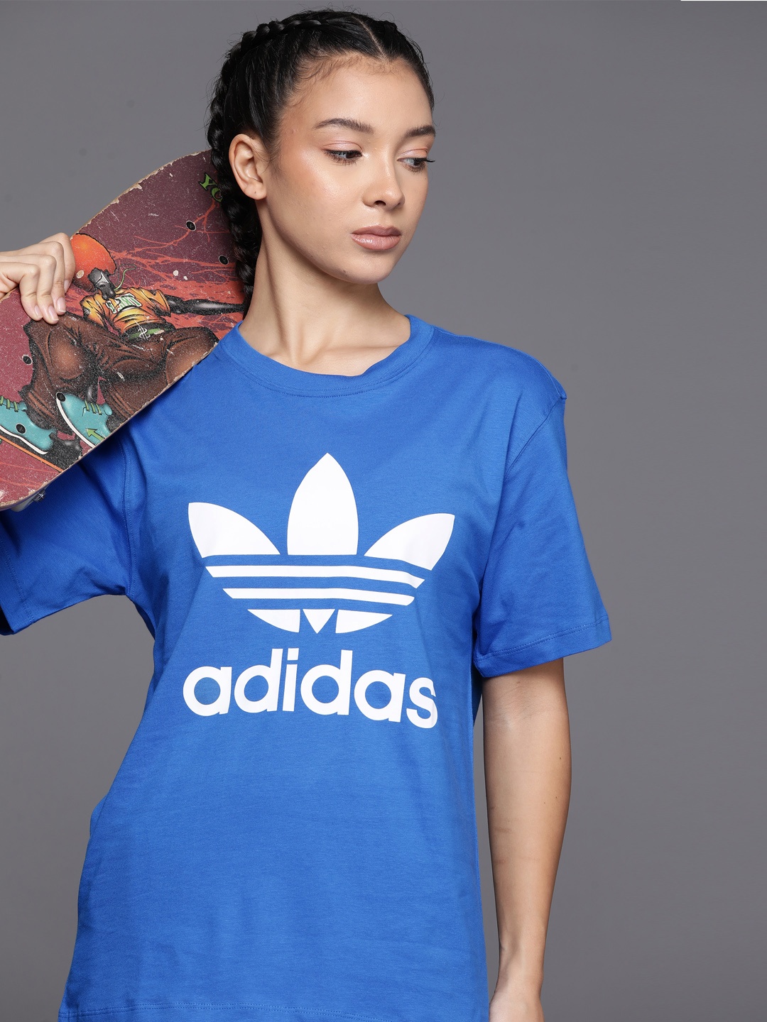 

ADIDAS Originals Women Printed Pure Cotton Trefoil T-shirt, Blue