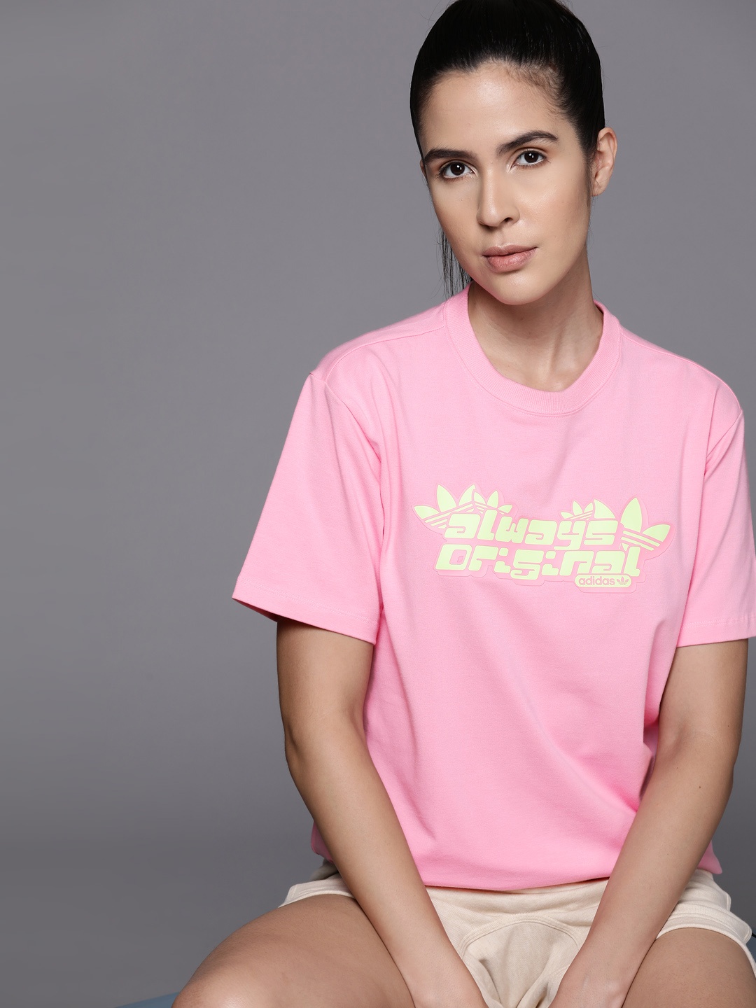 

ADIDAS Originals Women Brand Logo Printed Drop-Shoulder Sleeves T-shirt, Pink