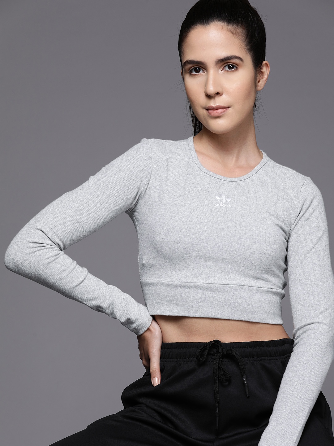 

ADIDAS Originals Women Ribbed Long Sleeves Slim Fit T-shirt, Grey melange