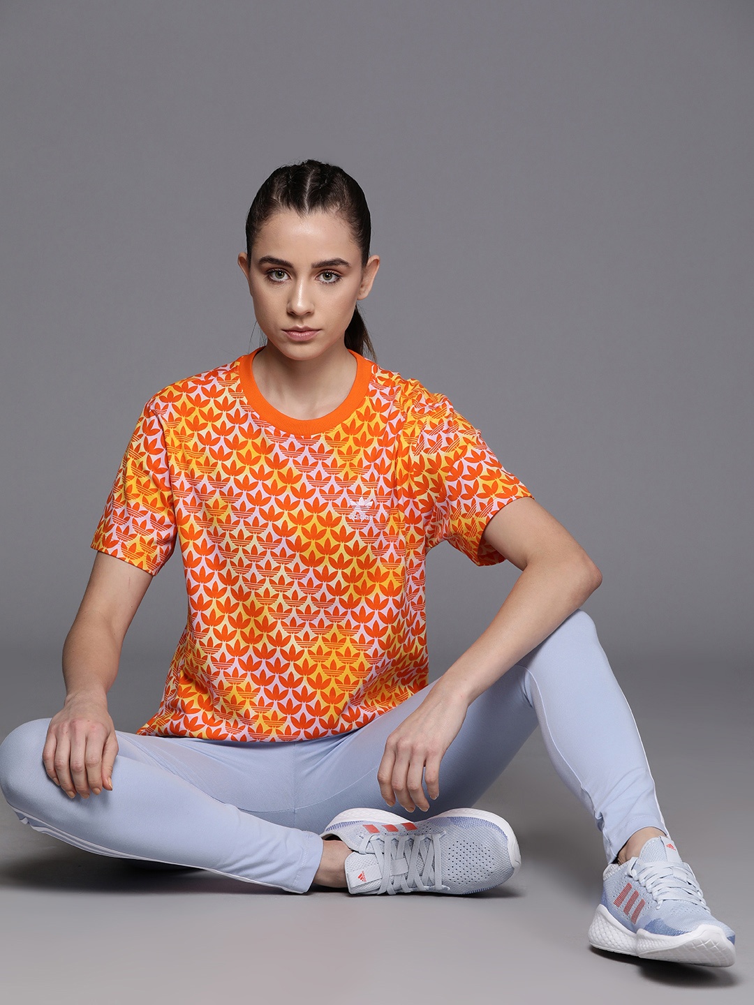 

ADIDAS Originals Women Trefoil Monogram Pure Cotton T-shirt, Orange