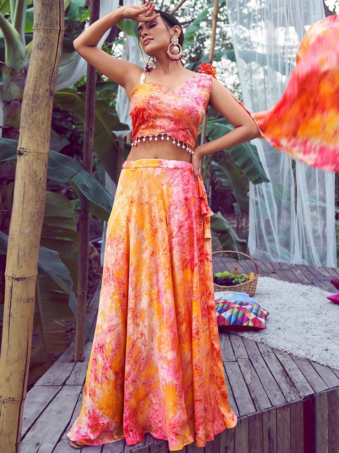 

ODETTE Printed Ready to Wear Lehenga & Blouse With Dupatta, Orange