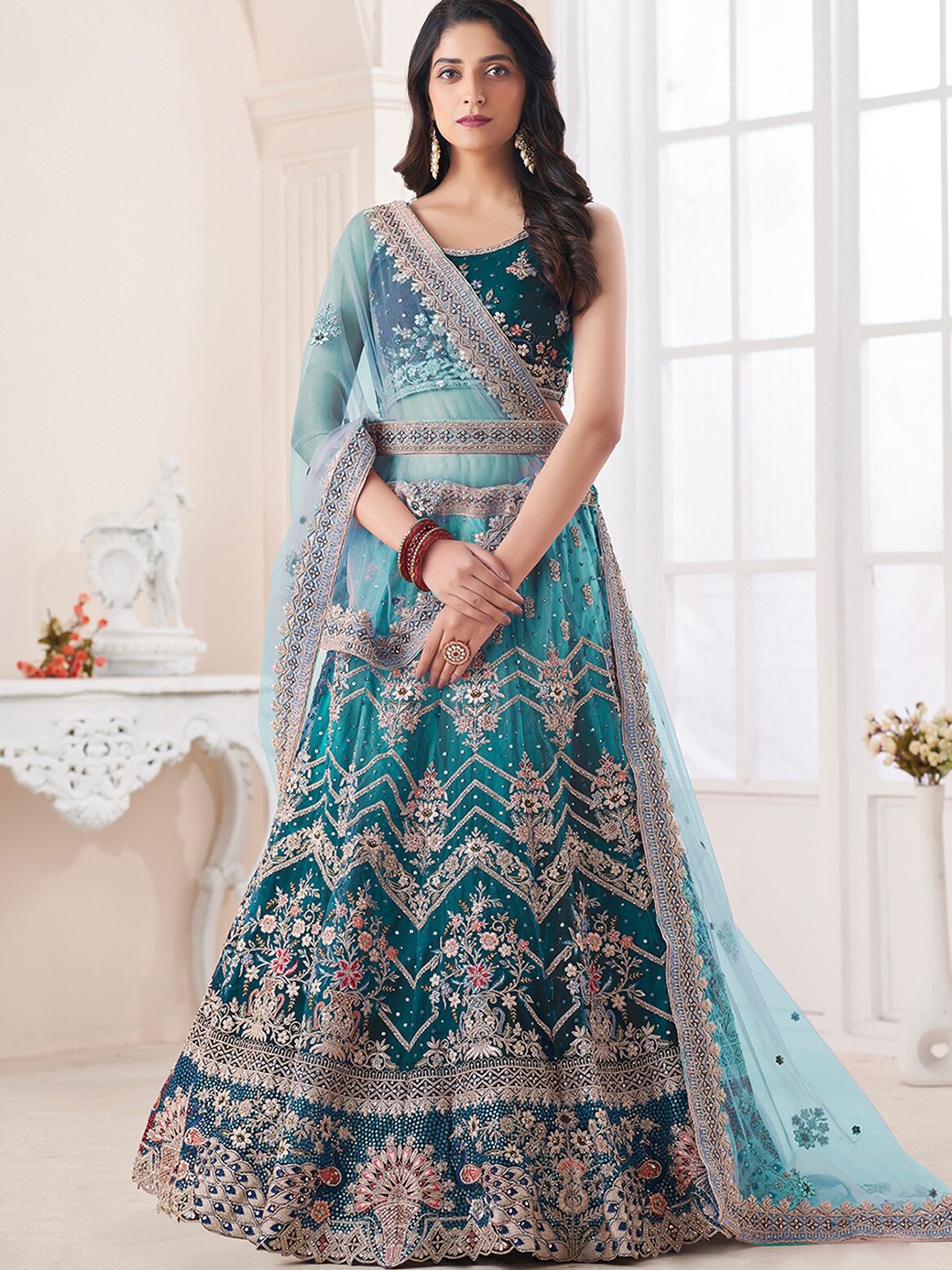 

ODETTE Embroidered Semi-Stitched Lehenga & Unstitched Blouse With Dupatta, Blue