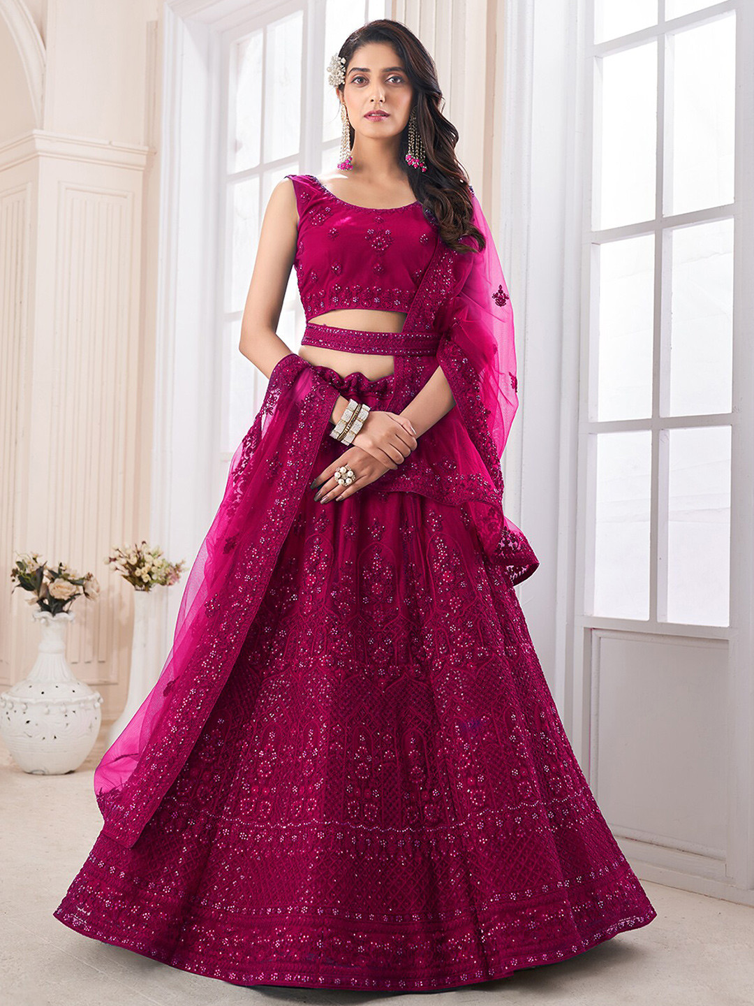 

ODETTE Embroidered Sequinned Semi-Stitched Lehenga & Unstitched Blouse With Dupatta, Magenta