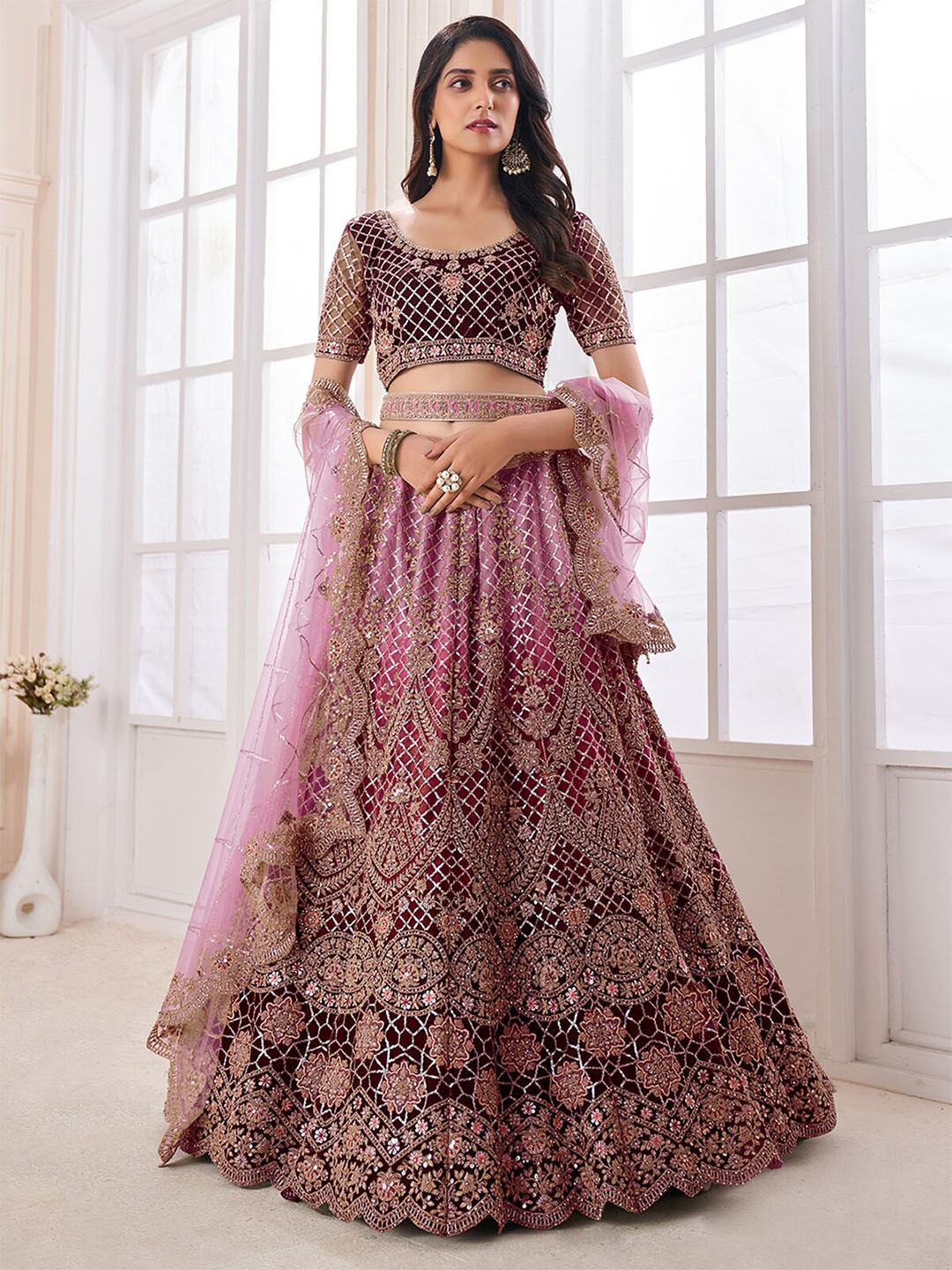 

ODETTE Embellished Thread Work Semi-Stitched Lehenga & Unstitched Blouse With Dupatta, Maroon
