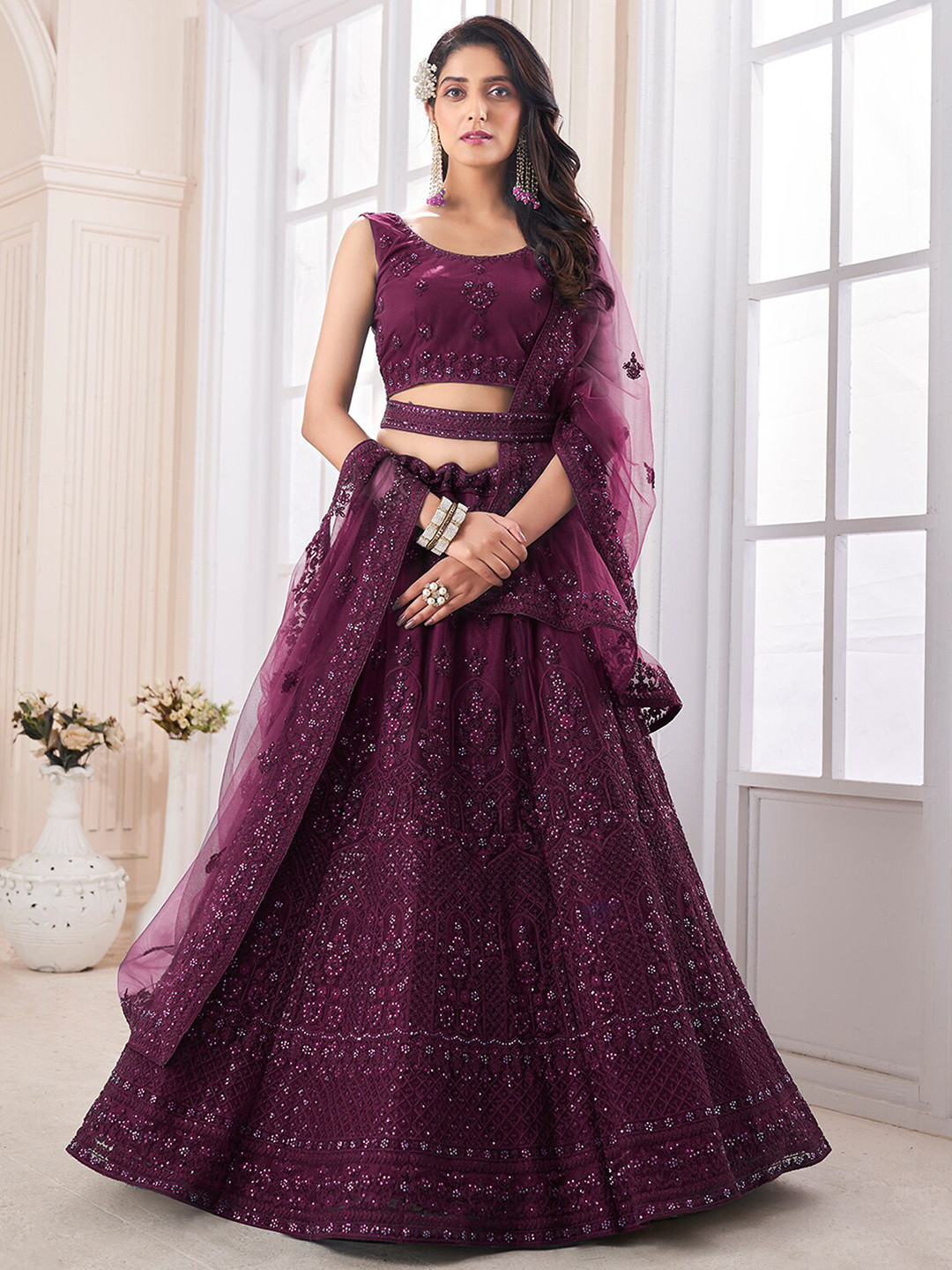 

ODETTE Embroidered Sequinned Semi-Stitched Lehenga & Unstitched Blouse With Dupatta, Purple
