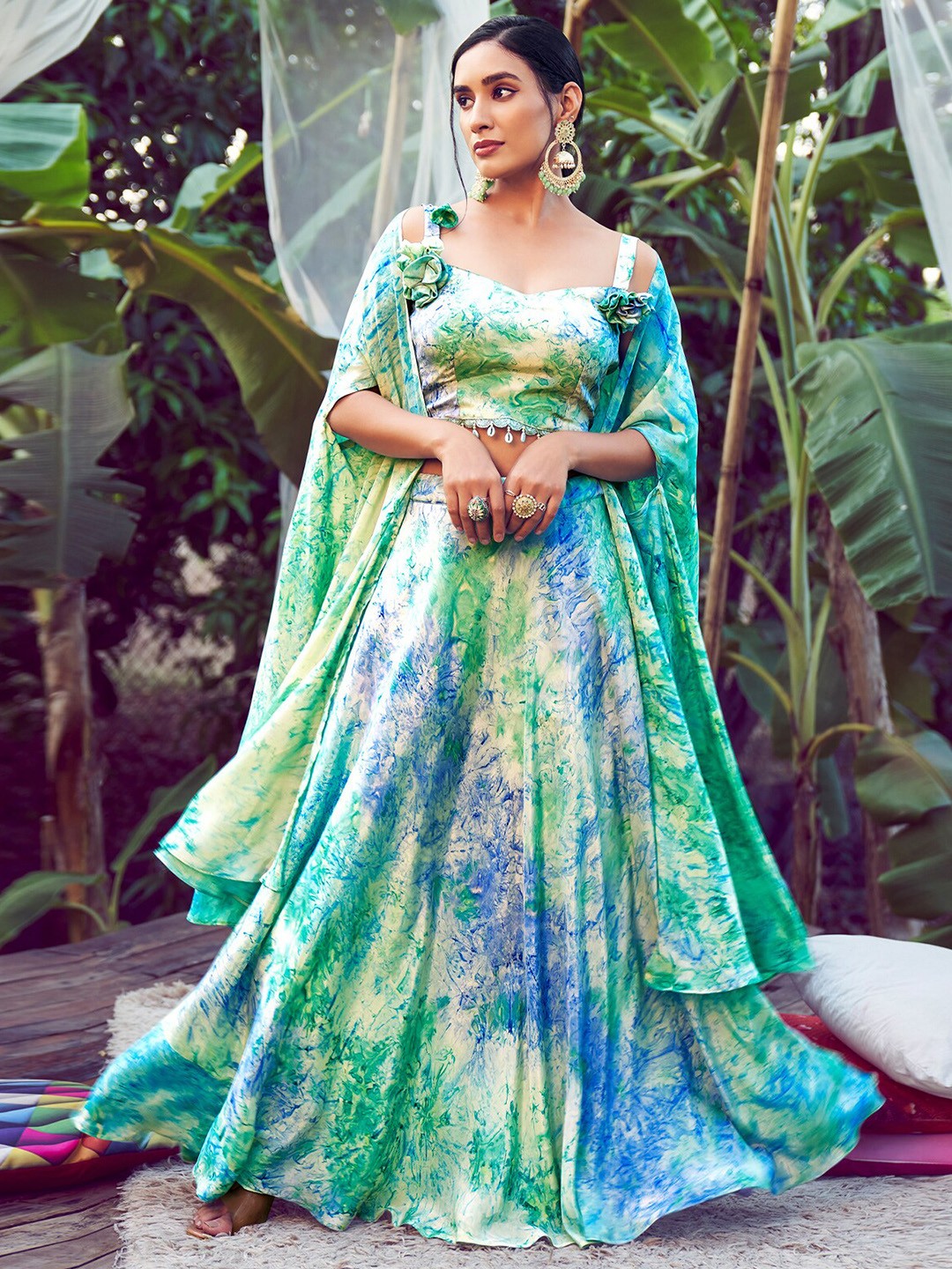 

ODETTE Printed Ready to Wear Lehenga & Blouse With Dupatta, Blue