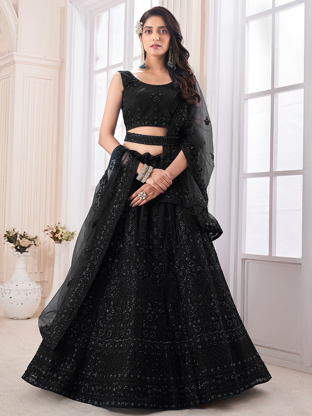 

ODETTE Embroidered Semi-Stitched Lehenga & Unstitched Blouse With Dupatta, Black