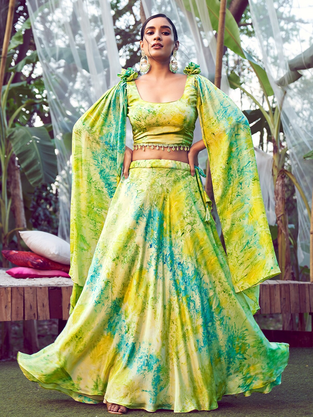 

ODETTE Abstract Printed Ready to Wear Lehenga & Blouse With Dupatta, Green