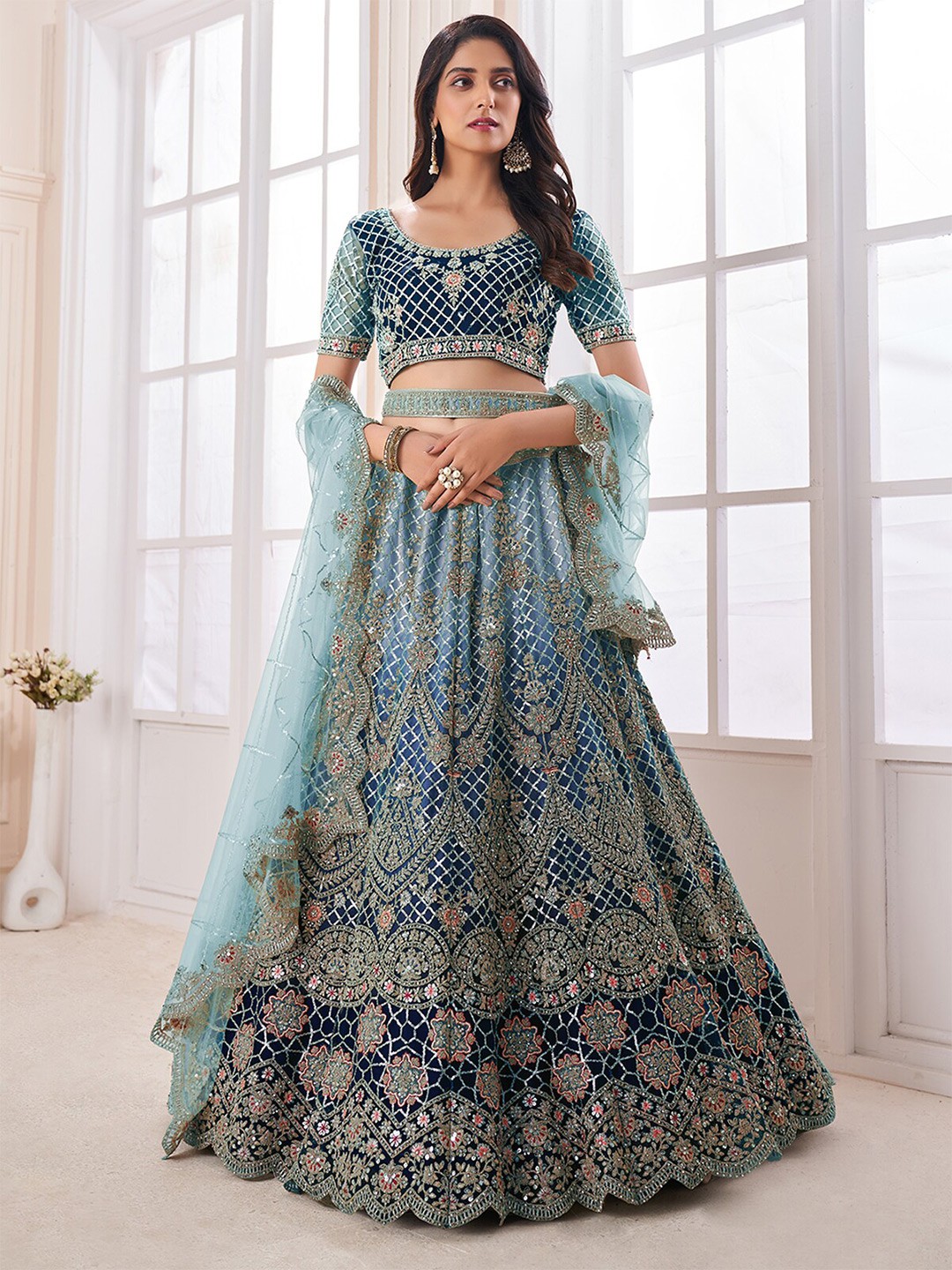 

ODETTE Embroidered Semi-Stitched Lehenga & Unstitched Blouse With Dupatta, Blue